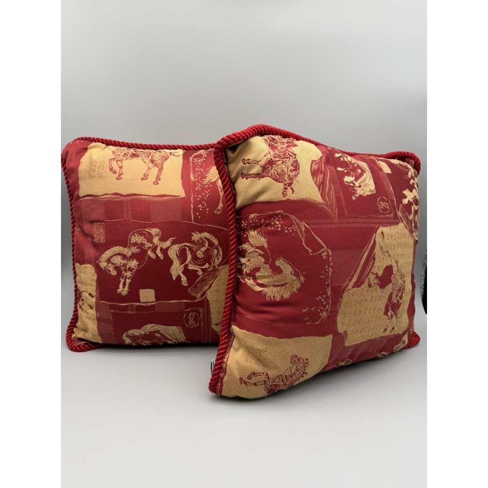 Horse Decor Red Gold Set Throw Pillows 16" By Newport (2)